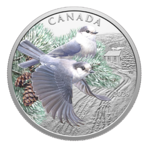 2026 Canadian fine silver coin featuring two Canada Jays and a snowy winter cabin.