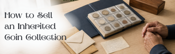 A person sitting at a wooden desk beside an open vintage coin album, envelopes, and handwritten notes