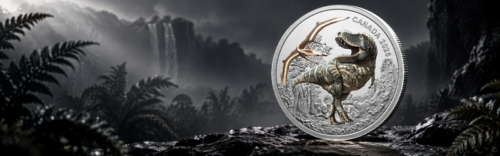 2026 Royal Canadian Mint Prehistoric Animals Commemorative Silver Coin Banner - Buy & Sell Royal Canadian Mint Coins - Colonial Acres Coins A Canada 2026 silver coin featuring a Tyrannosaurus rex and a flying pterosaur set against a dramatic prehistoric jungle and waterfall landscape