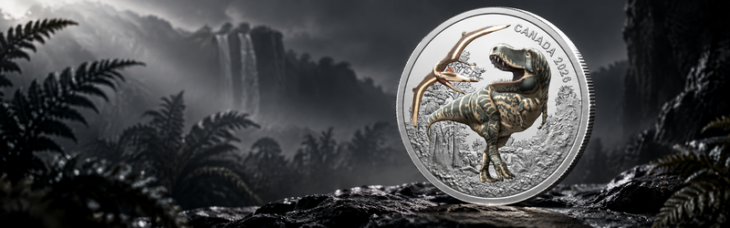 2026 Royal Canadian Mint Prehistoric Animals Commemorative Silver Coin Banner - Buy & Sell Royal Canadian Mint Coins - Colonial Acres Coins A Canada 2026 silver coin featuring a Tyrannosaurus rex and a flying pterosaur set against a dramatic prehistoric jungle and waterfall landscape