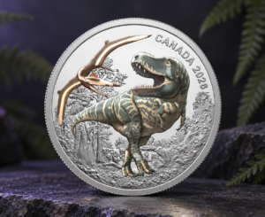 Canada 2026 Prehistoric Animals Tyrannosaurus Rex Commemorative Silver Coin - Buy & Sell Royal Canadian Mint Coins - Colonial Acres Coins A 2026 Canadian silver commemorative coin featuring a Tyrannosaurus rex and flying pterosaur resting upright on dark slate rock