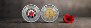 Pair of Royal Canadian Legion centennial commemorative two-dollar coins shown beside a red fabric remembrance poppy