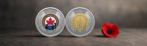Pair of Royal Canadian Legion centennial commemorative two-dollar coins shown beside a red fabric remembrance poppy