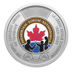 Colourized two-dollar coin commemorating the 100th anniversary of The Royal Canadian Legion featuring a red maple leaf and silhouette of remembrance.