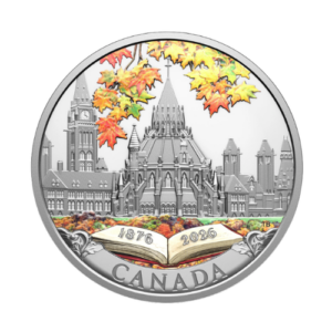 Commemorative Canadian coin featuring Parliament buildings with autumn leaves and an open book showing 1876–2026, CANADA along the rim.