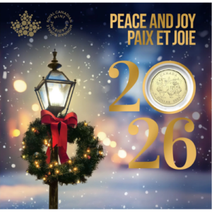 Holiday street lamp with a wreath and red bow, snow flurries, and 'Peace and Joy 2026' text.