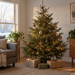 A decorated Christmas tree with warm lights in a cozy living room, presents under the tree and a couch nearby. Outside window shows snow.